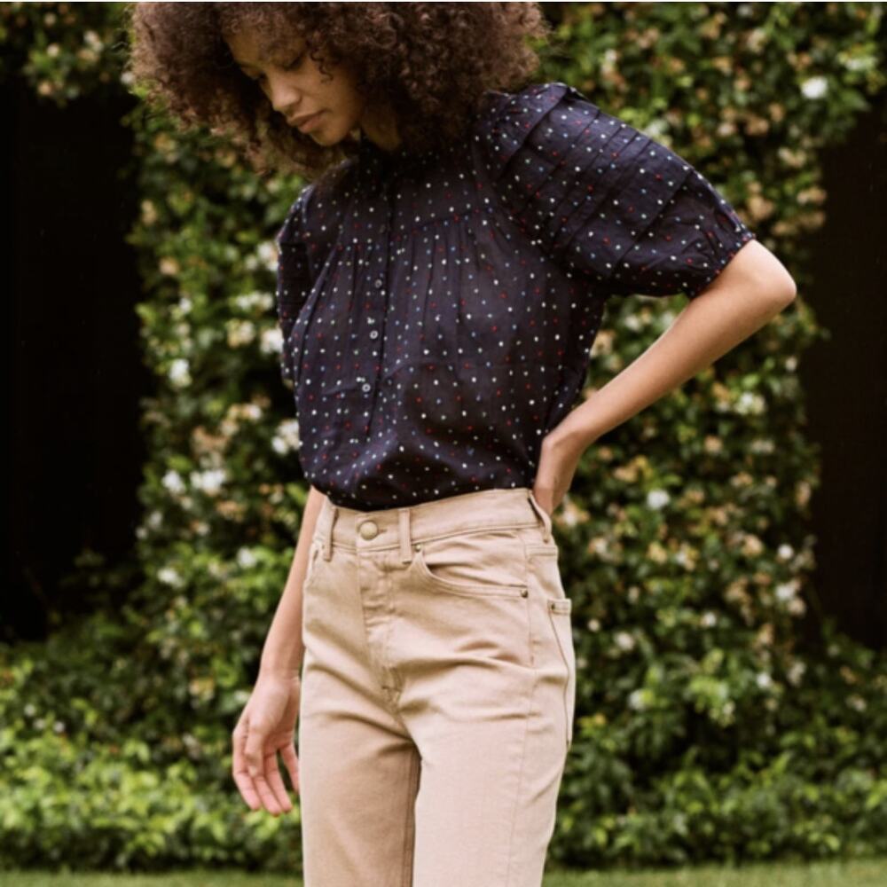 The Great. Mare Navy Blue Embroidered Dot Puff Sleeve Sheer 100% Cotton Blouse